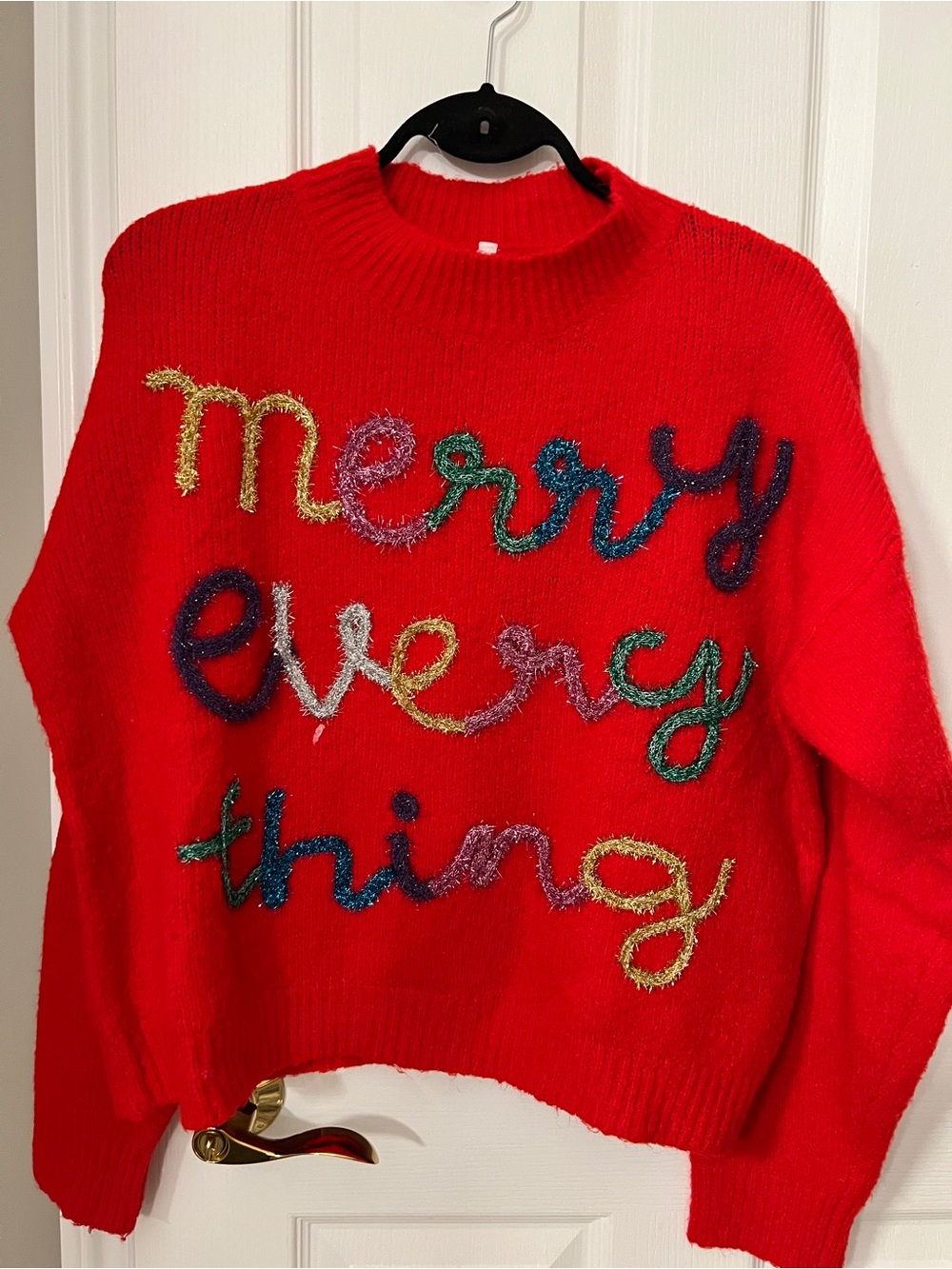 Red Crewneck Sweater with Multicolor 'Merry Everything' Embroidery